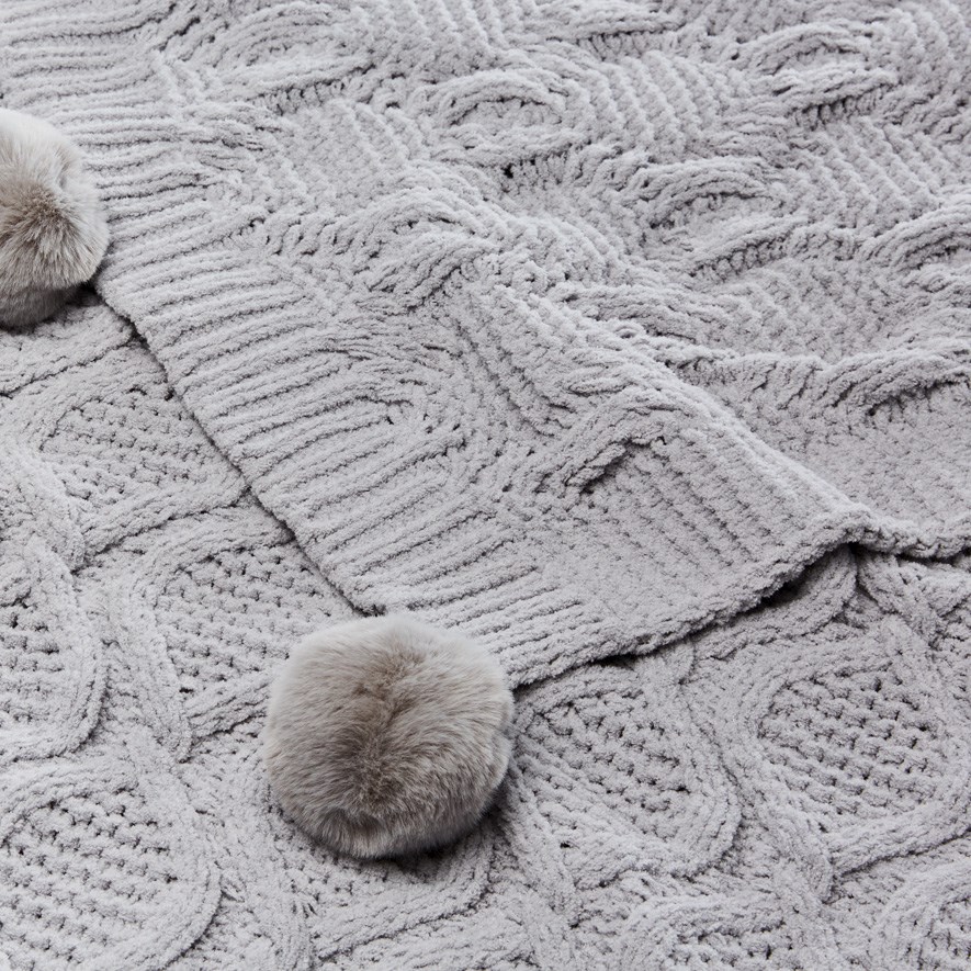 Adairs Kids Cable Stone Grey Pom Pom Throw Adairs