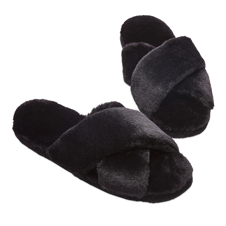 Teddi Black Fluffy Double Strap Slider Faux Fur Slipper | Public Desire
