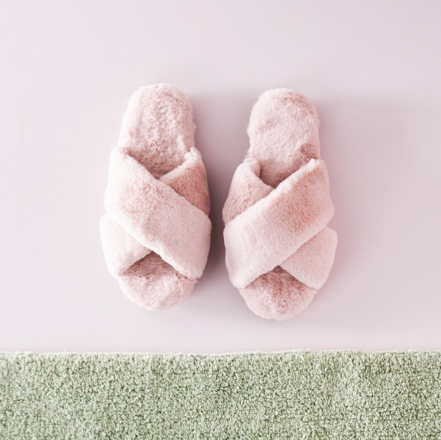 Pink Furry Crossover Slippers Fenland Ladies Sheepskin Crossover