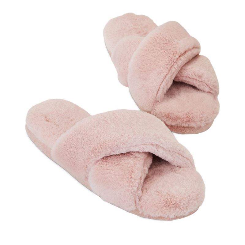 Crossover Dusty Rose Fur Slippers | Adairs