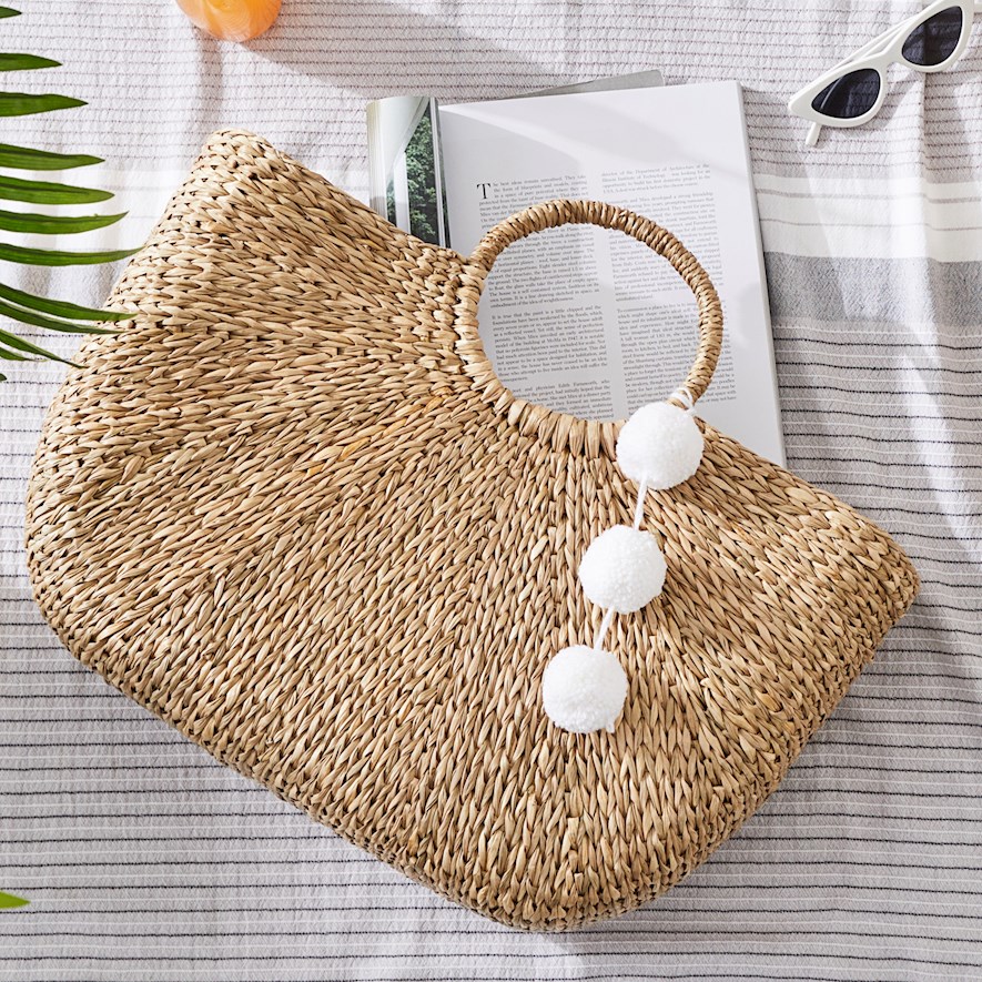 Seagrass Natural Pom Pom Beach Basket Adairs