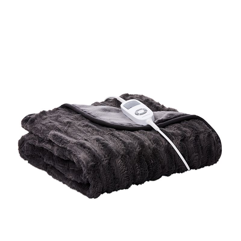 Deluxe Coal Heated Faux Fur Blanket