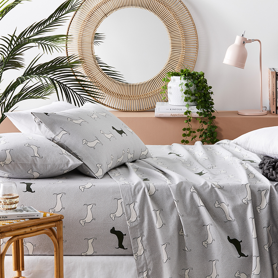 Printed Flannelette Grey Dachshund Sheet Set Adairs