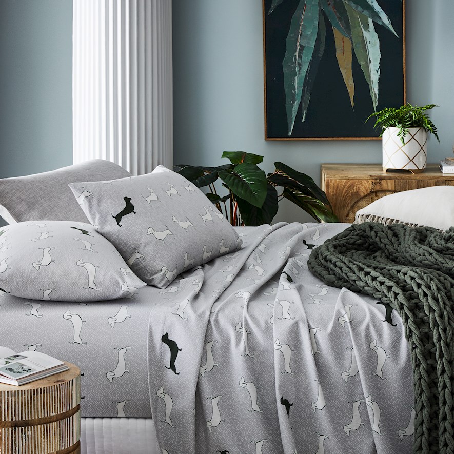 Printed Flannelette Grey Dachshund Quilt Cover Set + Pillowcases Adairs