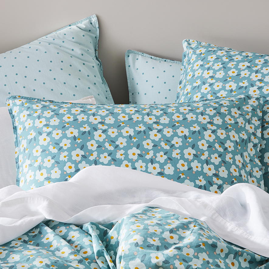 Stonewashed Printed Cotton Sage Daisy Pillowcase Adairs