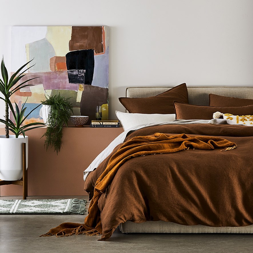 ★★Adairs★★ Tobacco Brown JP9651 Vintage Washed Linen Tobacco Quilt Cover Separates | Adairs