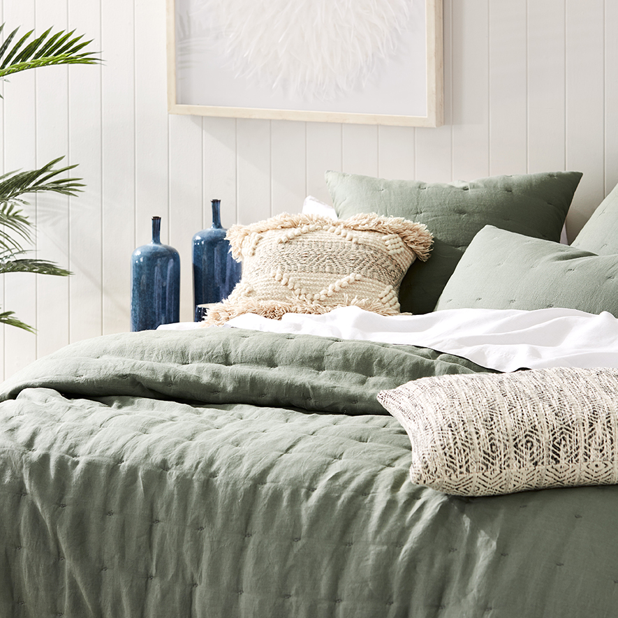 Home Republic Vintage Washed Linen Khaki Quilted Quilt Cover