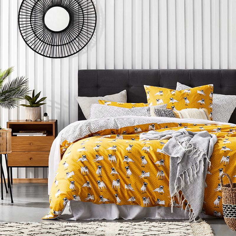 Percy Pug Mustard Quilt Cover Set + Separates