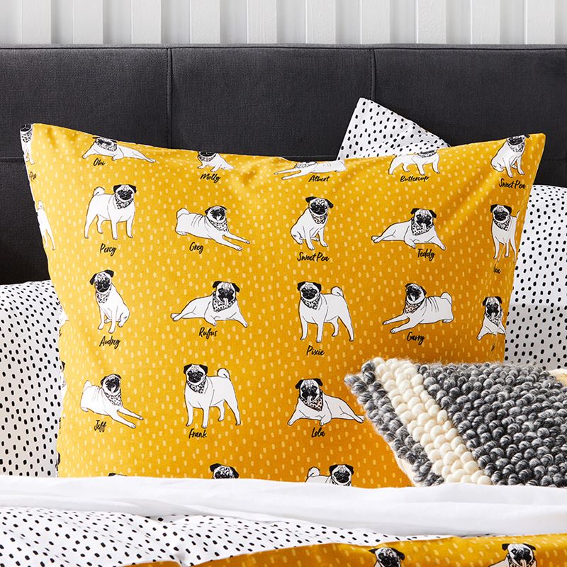 Percy Pug Mustard Quilt Cover Set + Separates