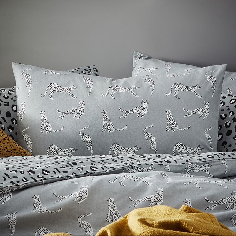 Novelty Printed Flannelette Grey Cheetah Quilt Cover Set + Separates