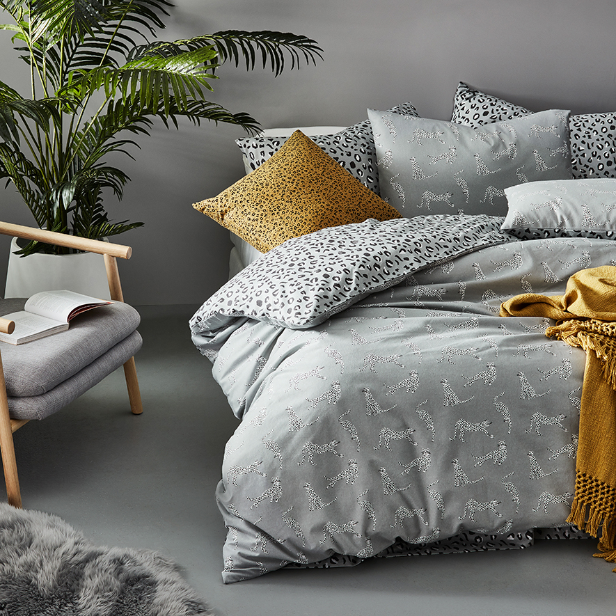 Novelty Printed Flannelette Grey Cheetah Quilt Cover Set + Separates
