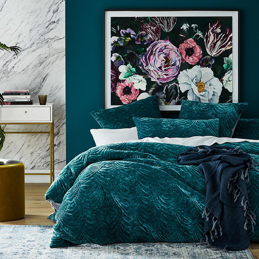 Carraway Velvet Teal Quilted Quilt Cover Separates | Adairs