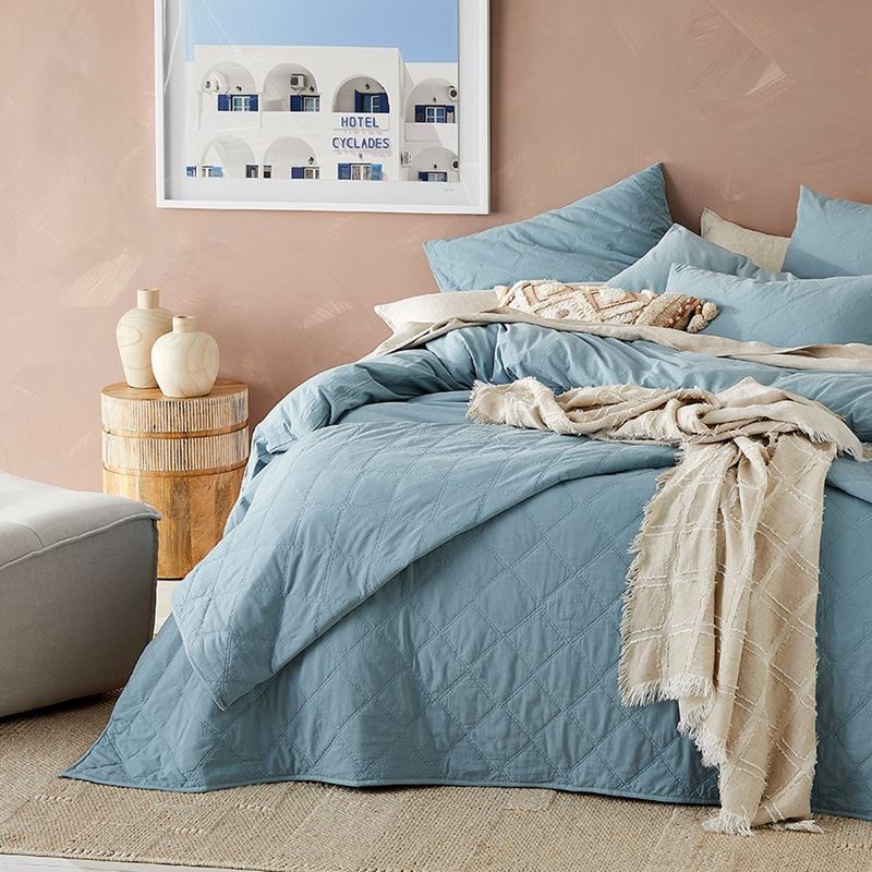 Stonewashed Cotton Blue Grey Quilted Coverlet Separates