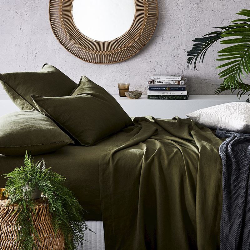 Moss Green Linen Bed Sheets Set