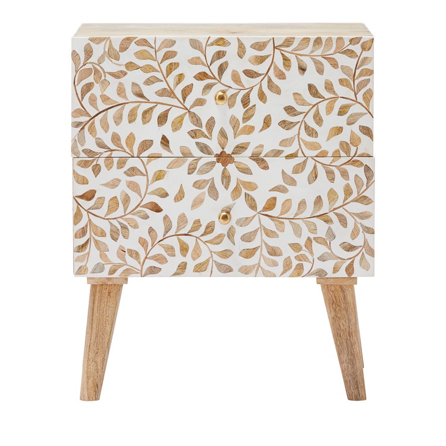 Kerala 2 Drawer White & Natural Flora Bedside Table Adairs