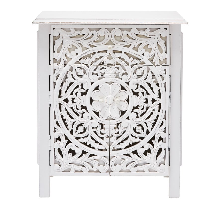 White carved side outlet table