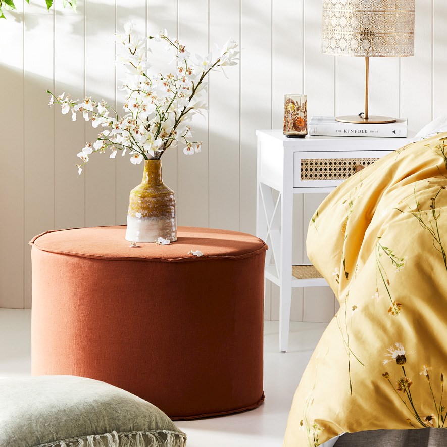 Napier Round Rust Belgian Linen Ottoman Adairs