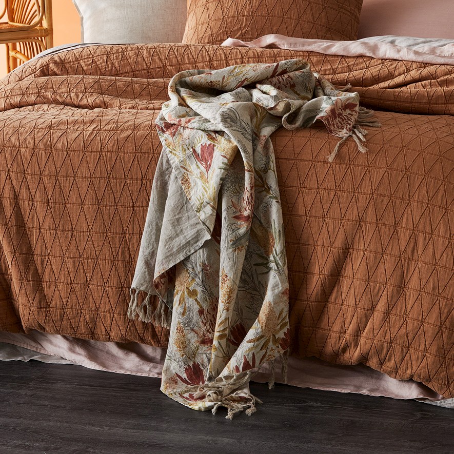 Waratah Floral Rust Linen Throw | Adairs