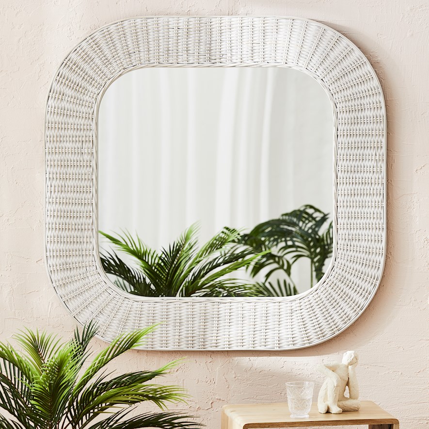 Rattan Antique White Square Woven Mirror Adairs